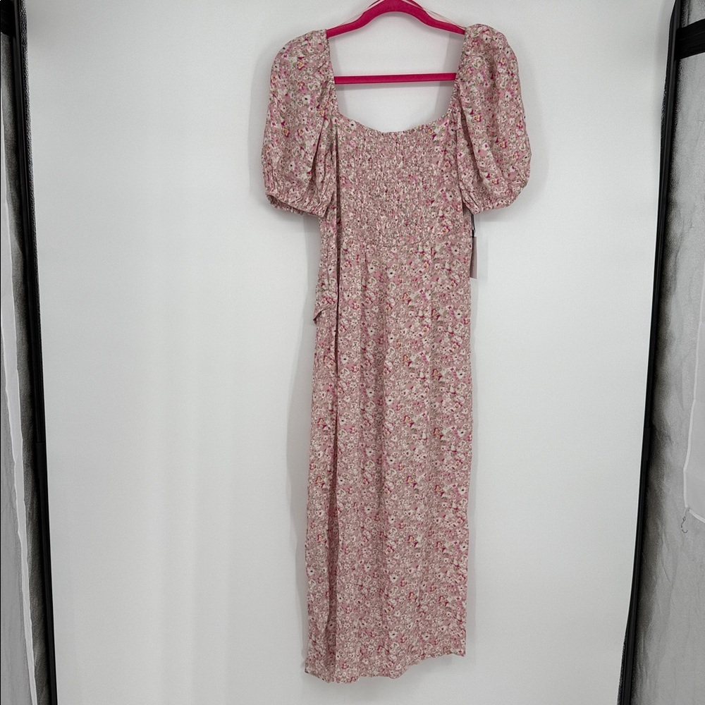 Astr Floral Puff Sleeves Ruched Slit Midi Dress Size M NWT - Picture 10 of 12